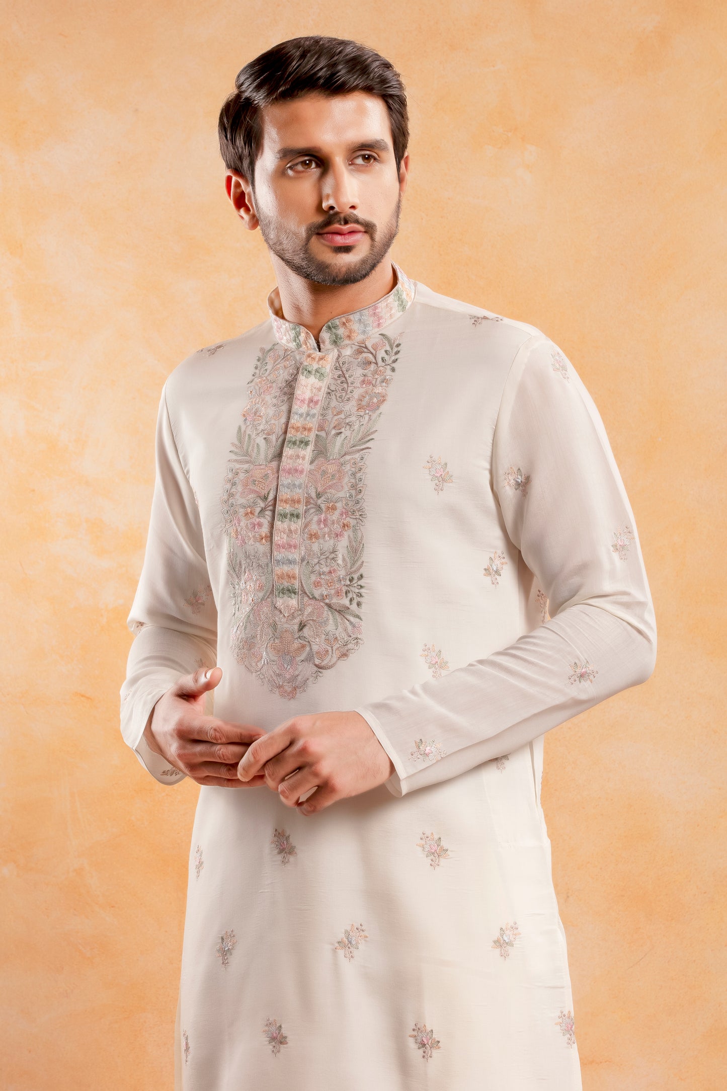 White Pastel Thread Embroidered Kurta Set