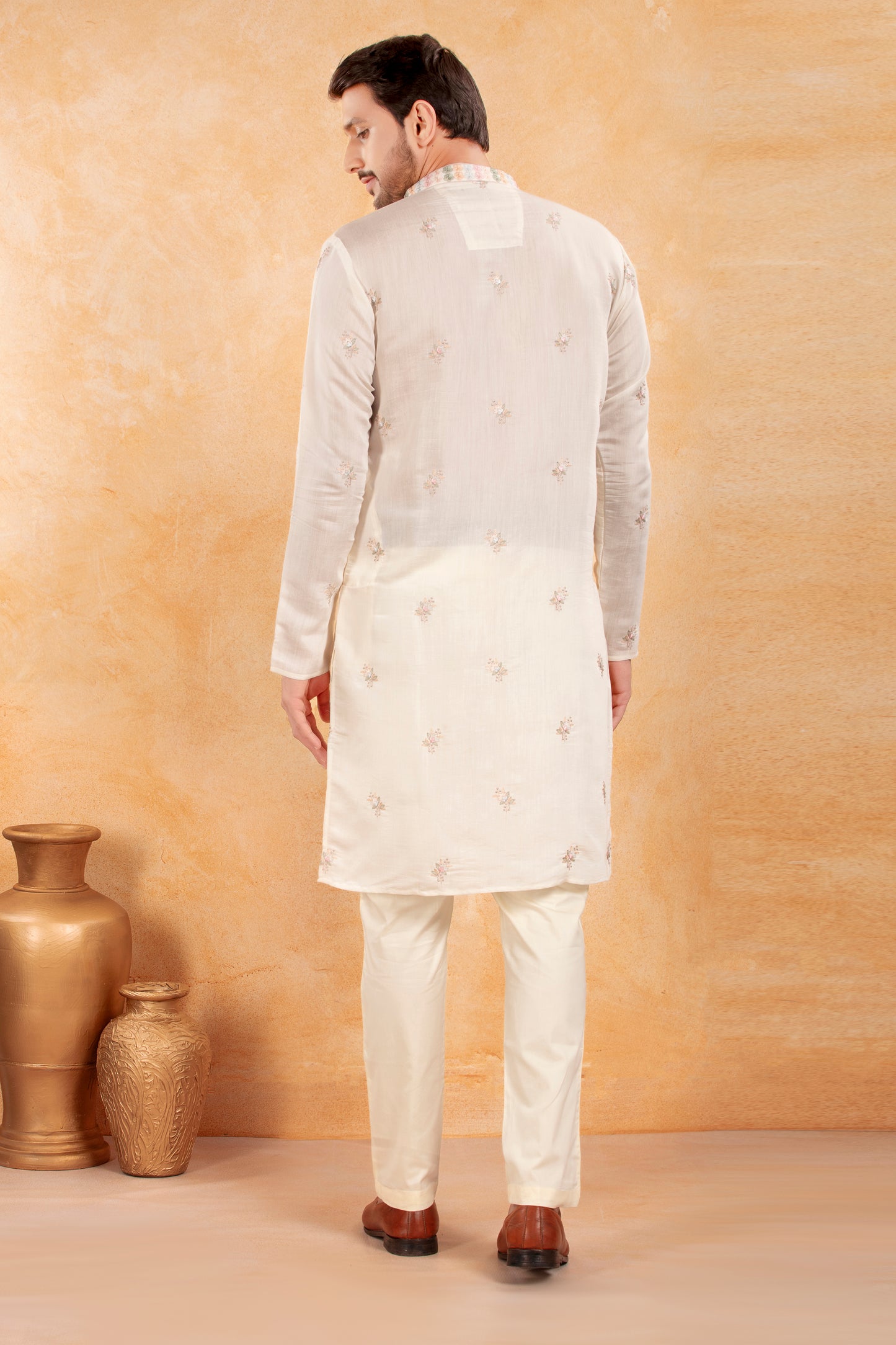 White Pastel Thread Embroidered Kurta Set