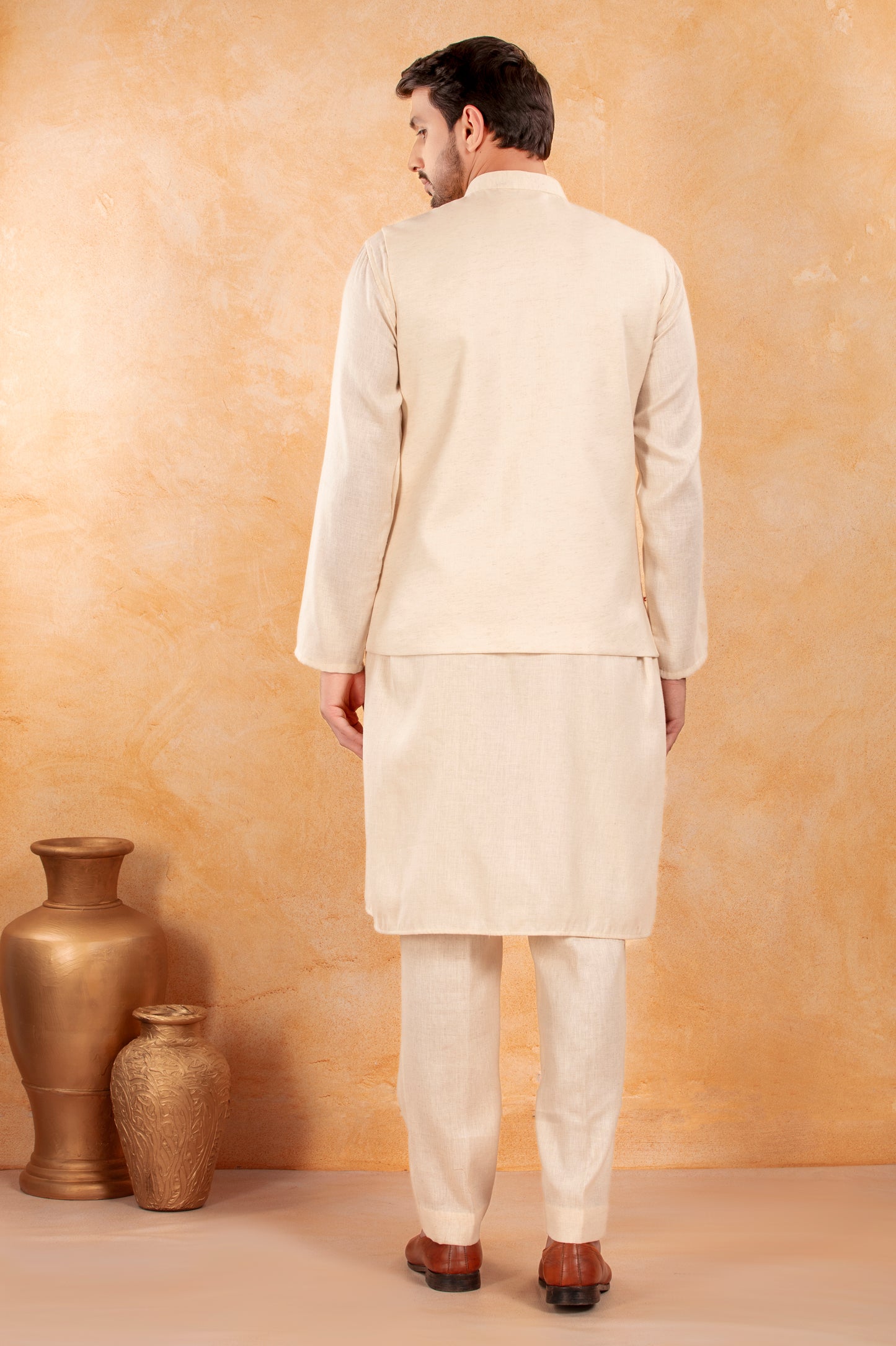 Ivory Floral Embroidered Nehru Jacket Kurta Set