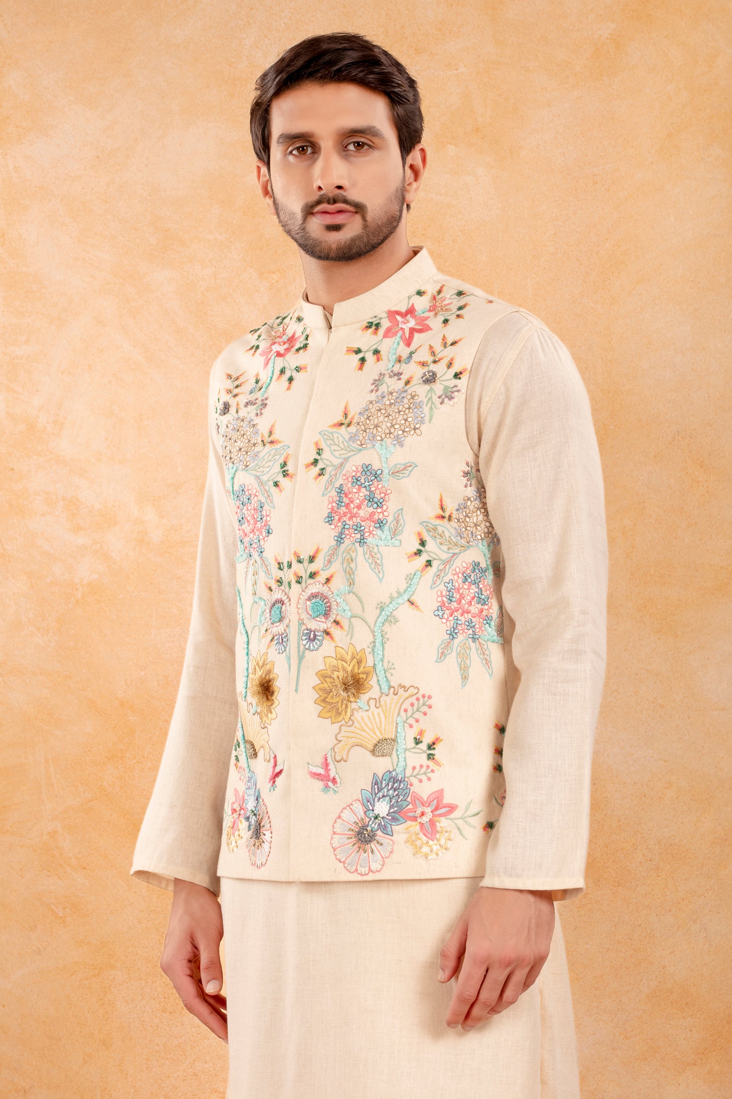 Ivory Floral Embroidered Nehru Jacket Kurta Set