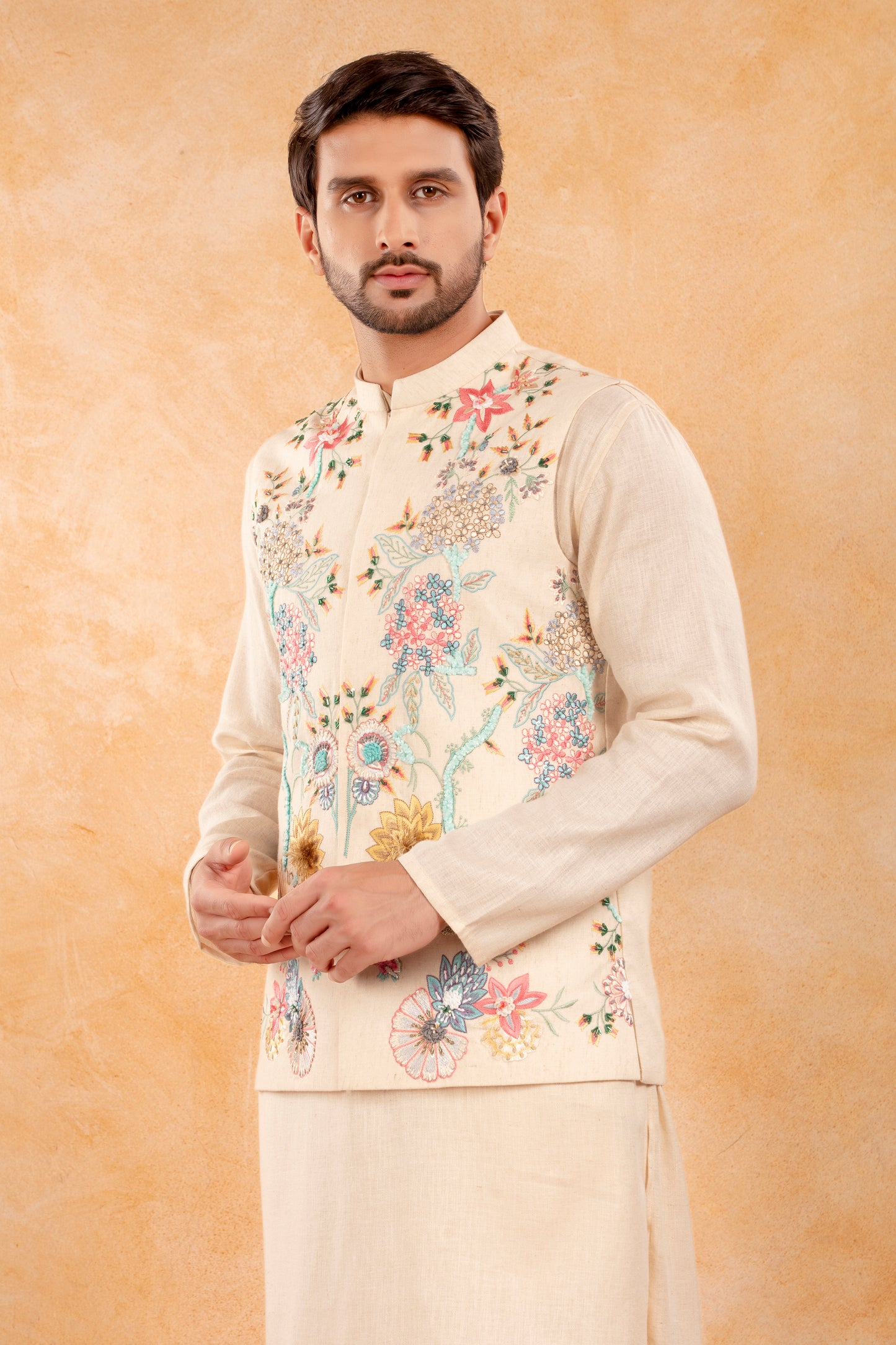 Ivory Floral Embroidered Nehru Jacket Kurta Set