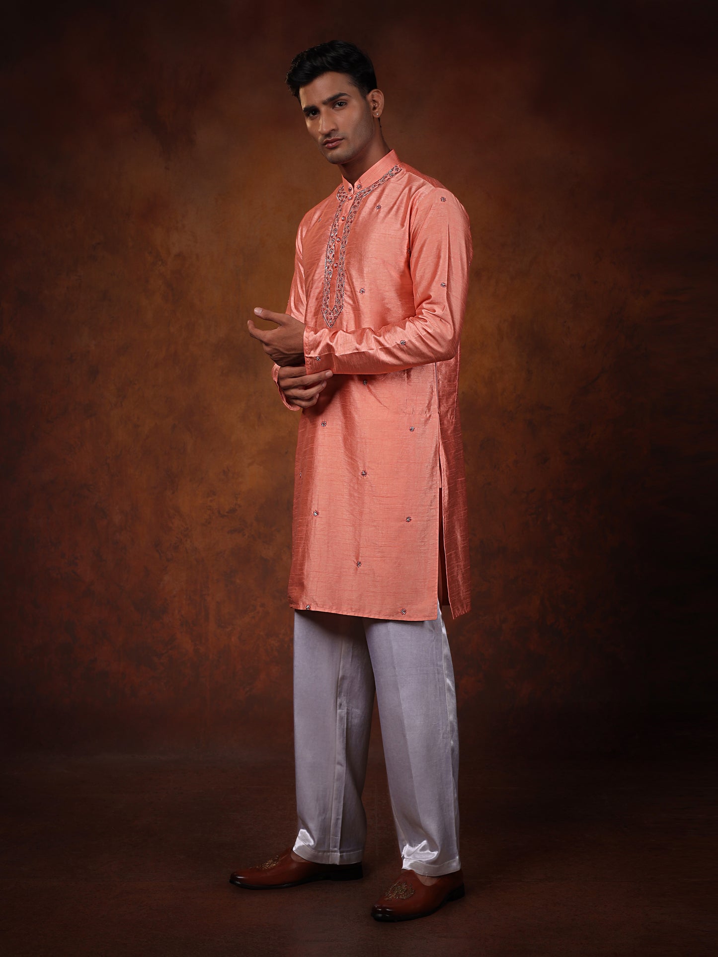 Coral pink minimalistic pitta work Kurta with off white straight pant