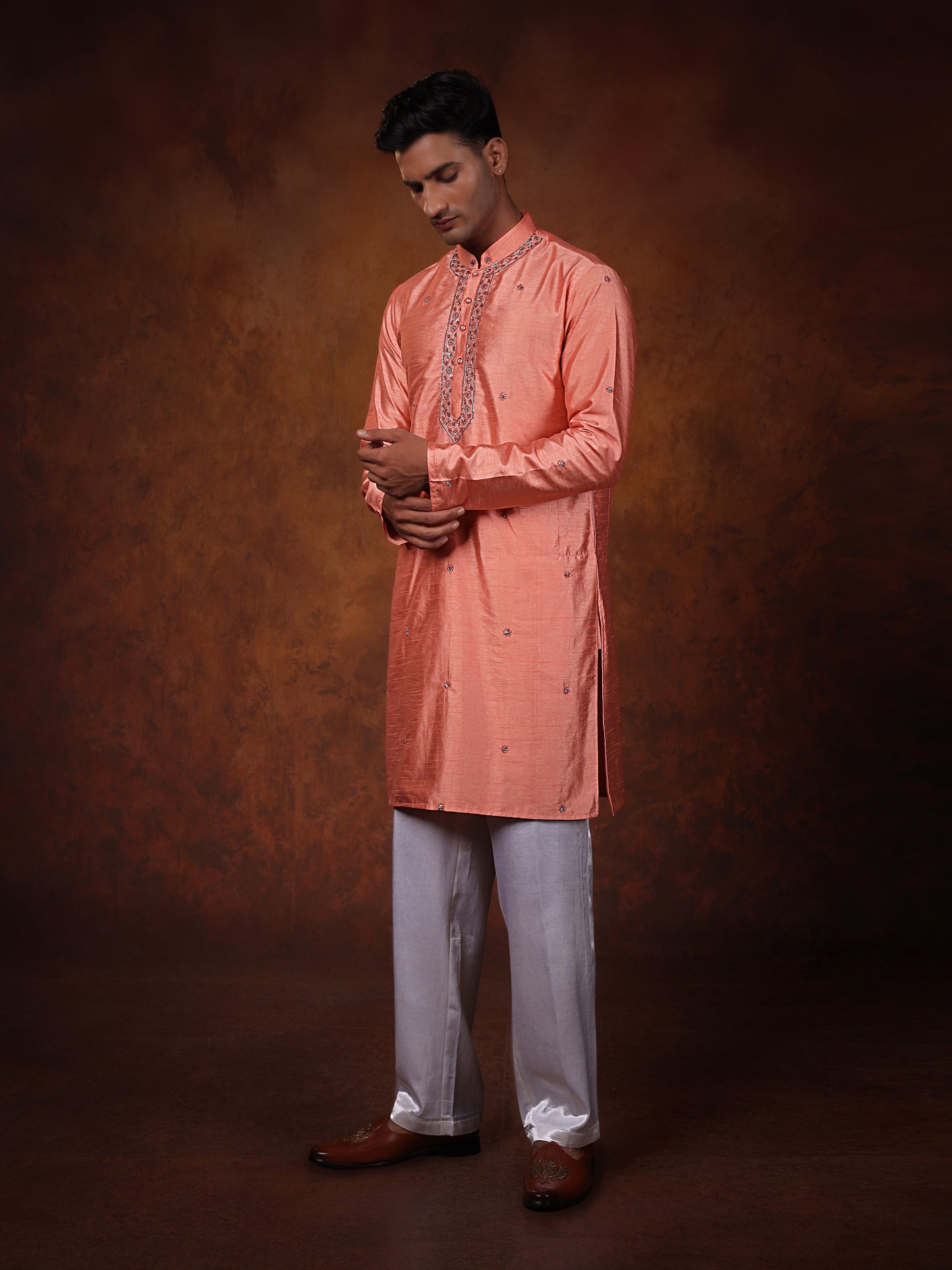 Coral pink minimalistic pitta work Kurta with off white straight pant