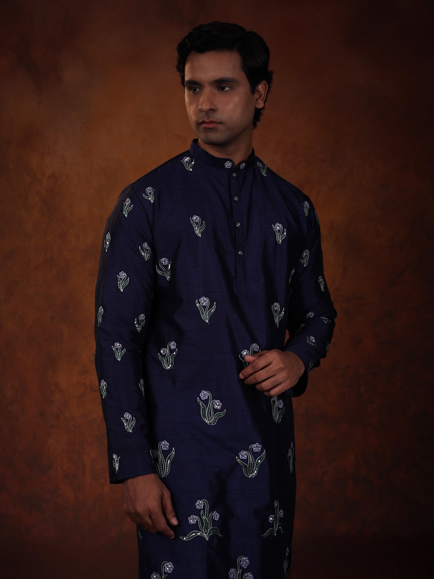 Midnight Bloom Embroidered Dupion Silk Kurta Set