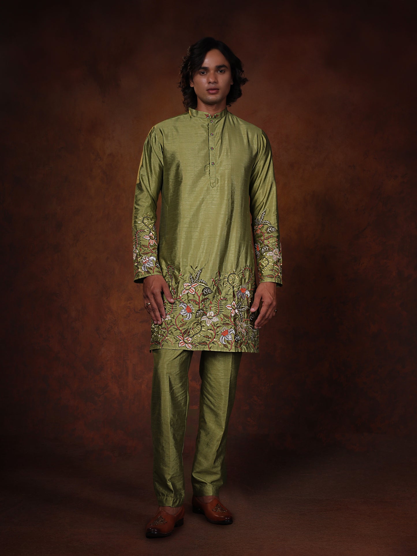 Sage Green Dupion Kurta With Flower Embroidered Kurta Set Form