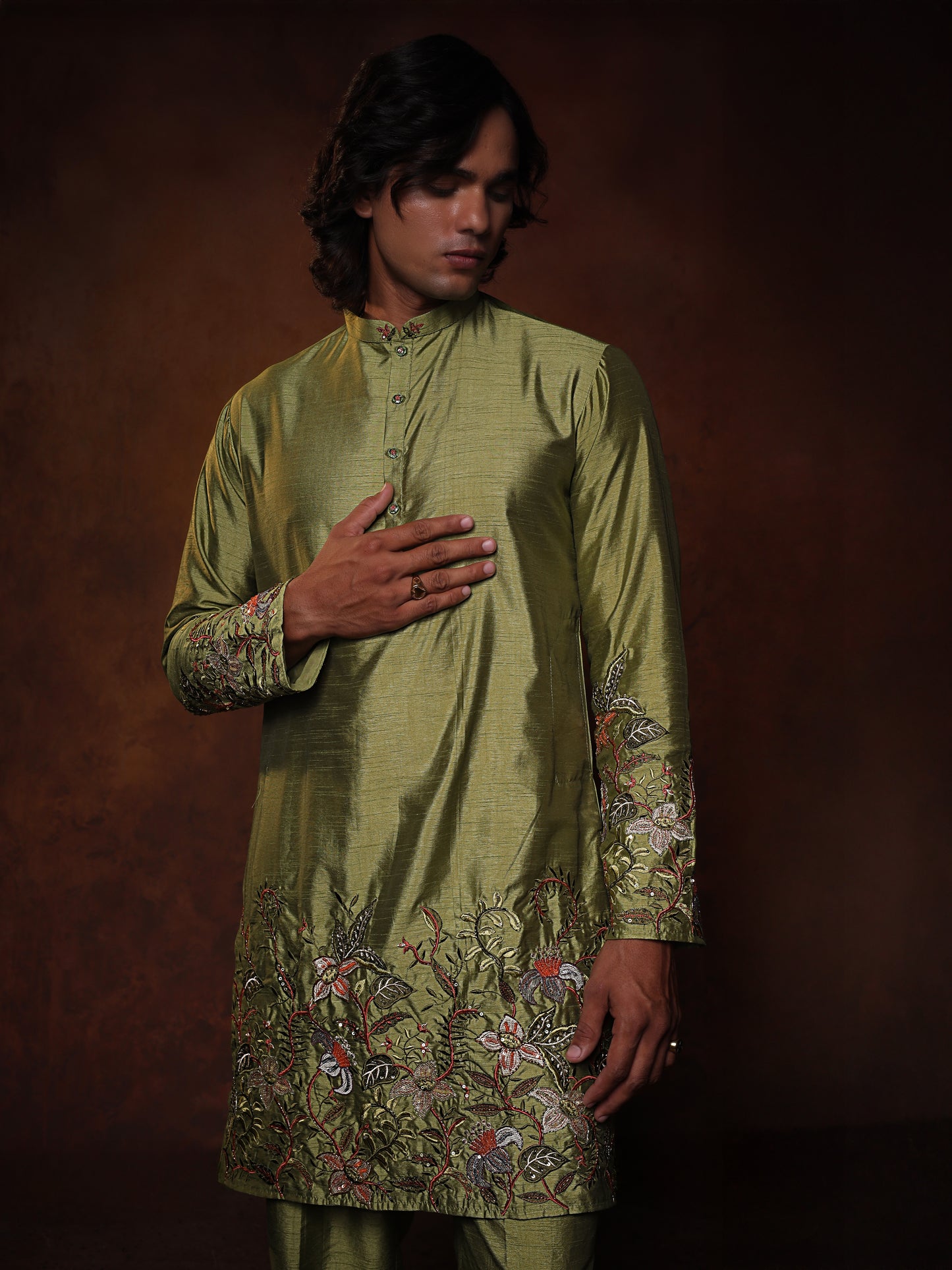 Sage Green Dupion Kurta With Flower Embroidered Kurta Set Form