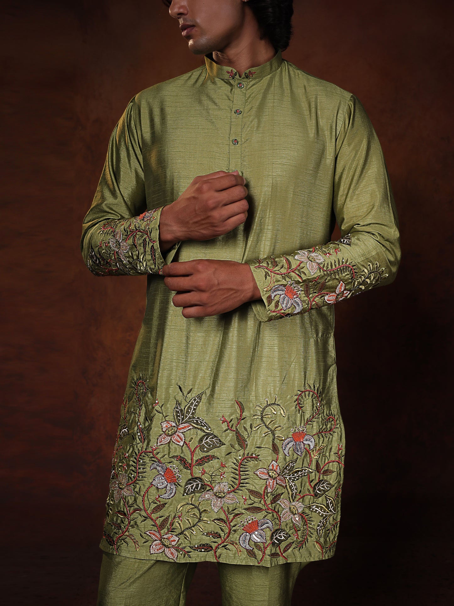 Sage Green Dupion Kurta With Flower Embroidered Kurta Set Form