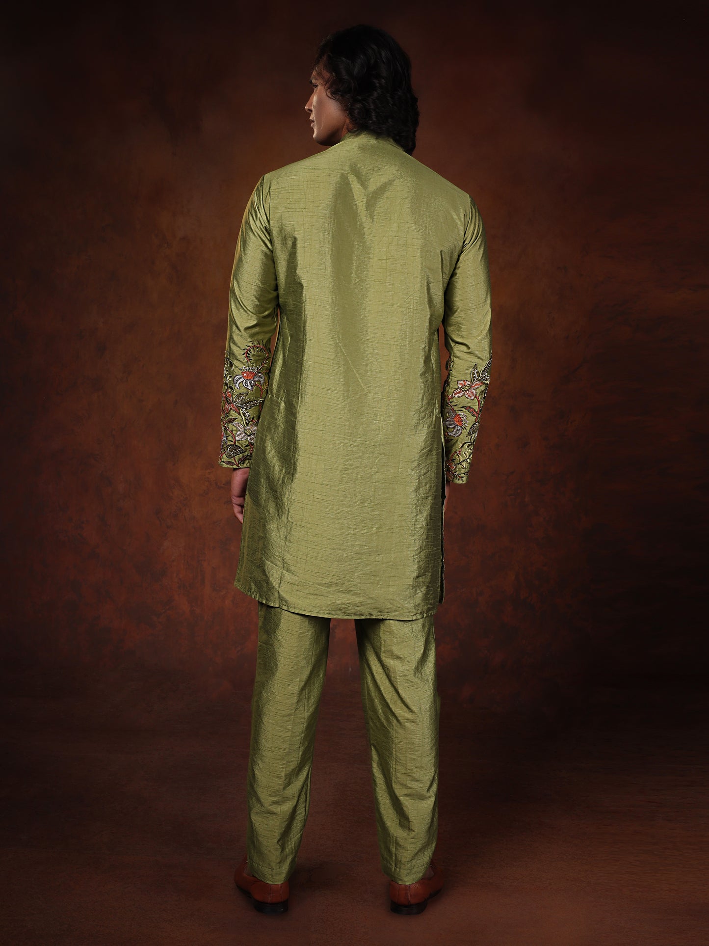 Sage Green Dupion Kurta With Flower Embroidered Kurta Set Form