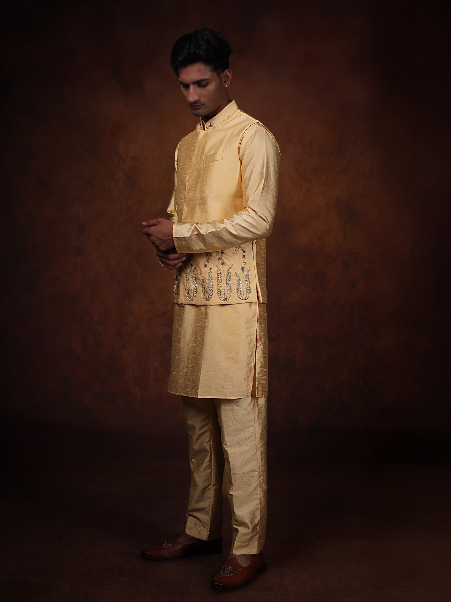 Warm gold Dupion Silk Kurta with Embroidered Jacket