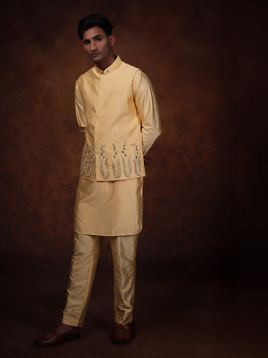 Warm Gold Dupion Silk Kurta With Embroidered Jacket