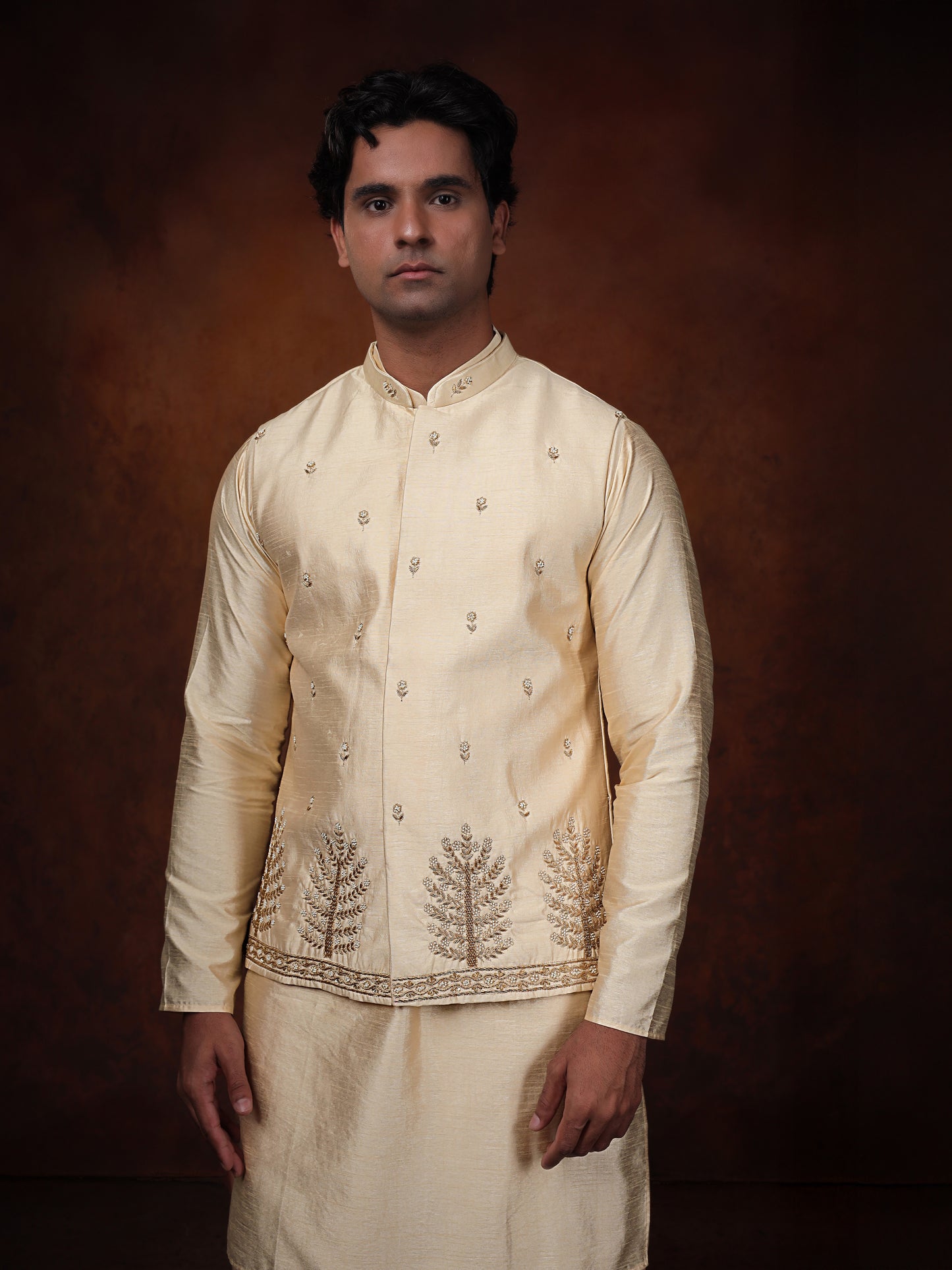 Ivory Dupion Silk Kurta with Embroidered Jacket