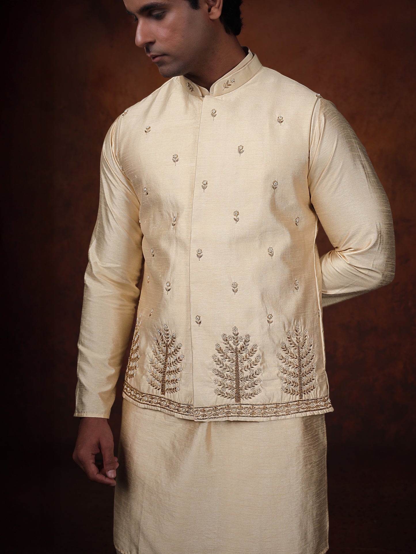 Ivory Dupion Silk Kurta with Embroidered Jacket