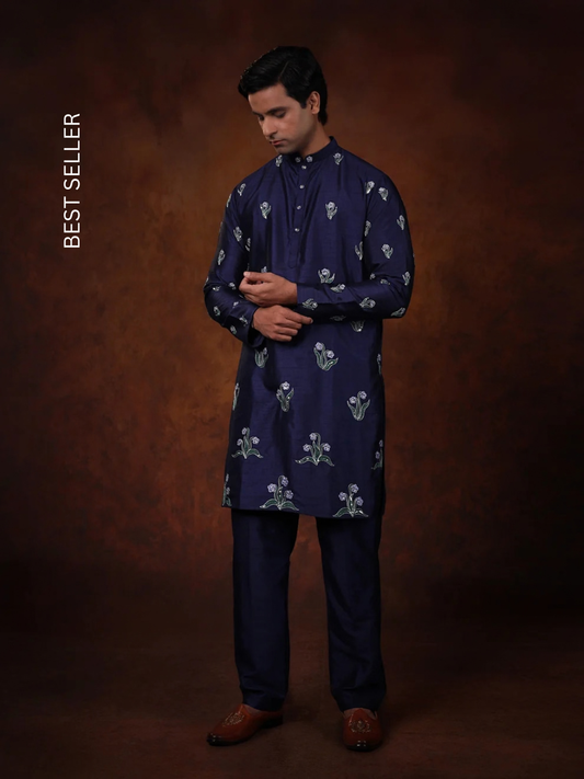 MIDNIGHT BLOOM EMBROIDERED DUPION SILK KURTA SET