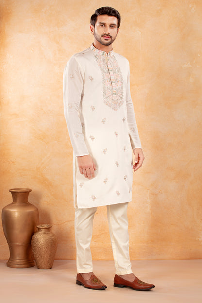 White Pastel Thread Embroidered Kurta Set