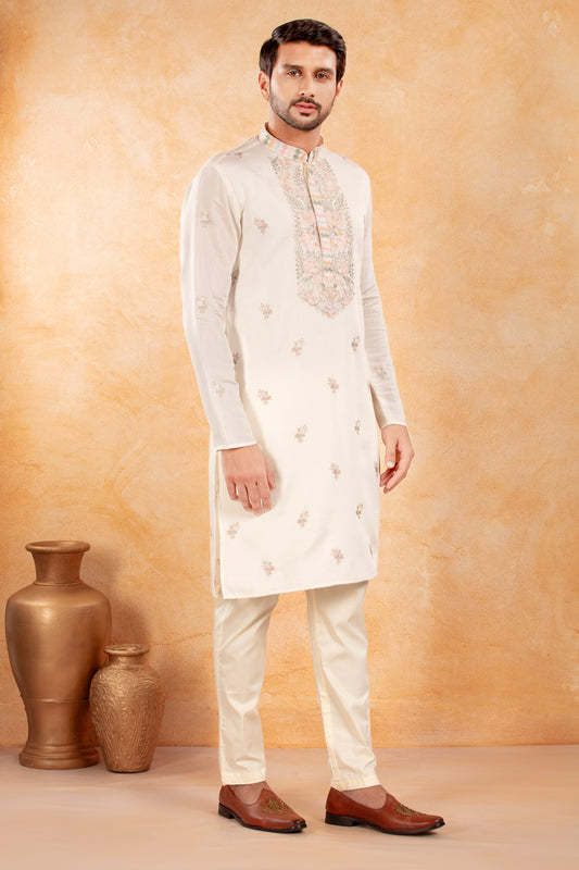 White Pastel Thread Embroidered Kurta Set