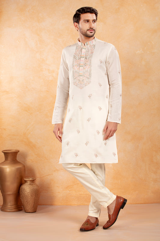 White Pastel Thread Embroidered Kurta Set