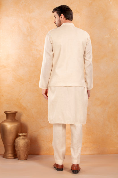 Ivory Floral Embroidered Nehru Jacket Kurta Set