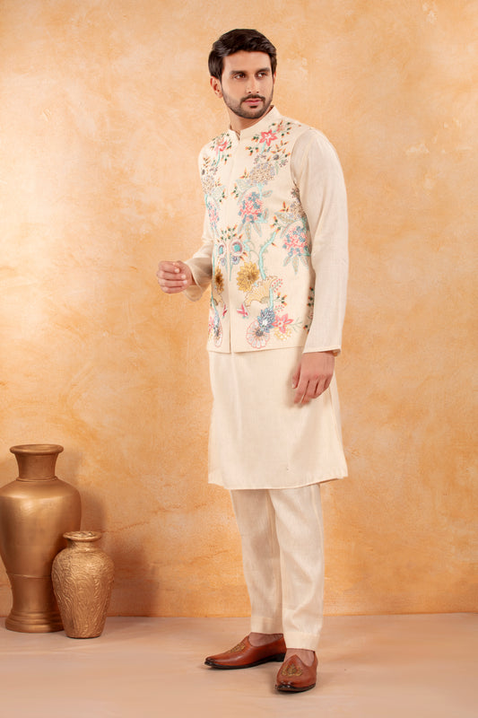 Ivory Floral Embroidered Nehru Jacket Kurta Set