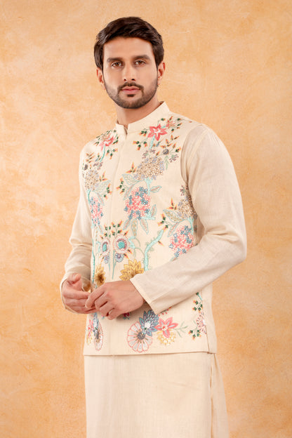 Ivory Floral Embroidered Nehru Jacket Kurta Set