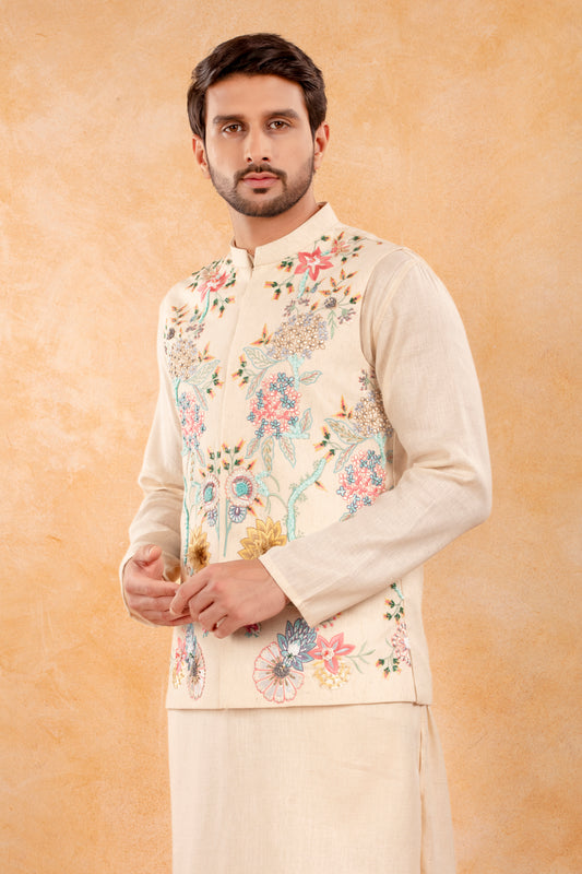 Ivory Floral Embroidered Nehru Jacket Kurta Set
