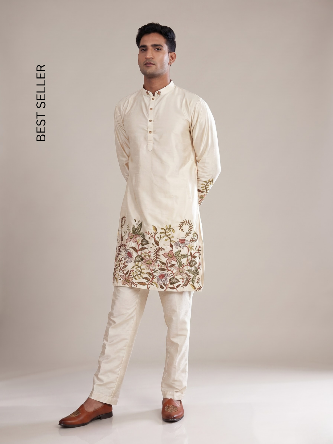 OFF WHITE DUPION KURTA WITH FLOWER EMBROIDERED KURTA SET FOR MAN