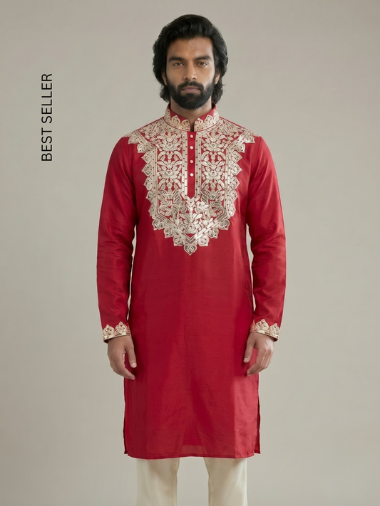 RED APPLIQUE SILK KURTA