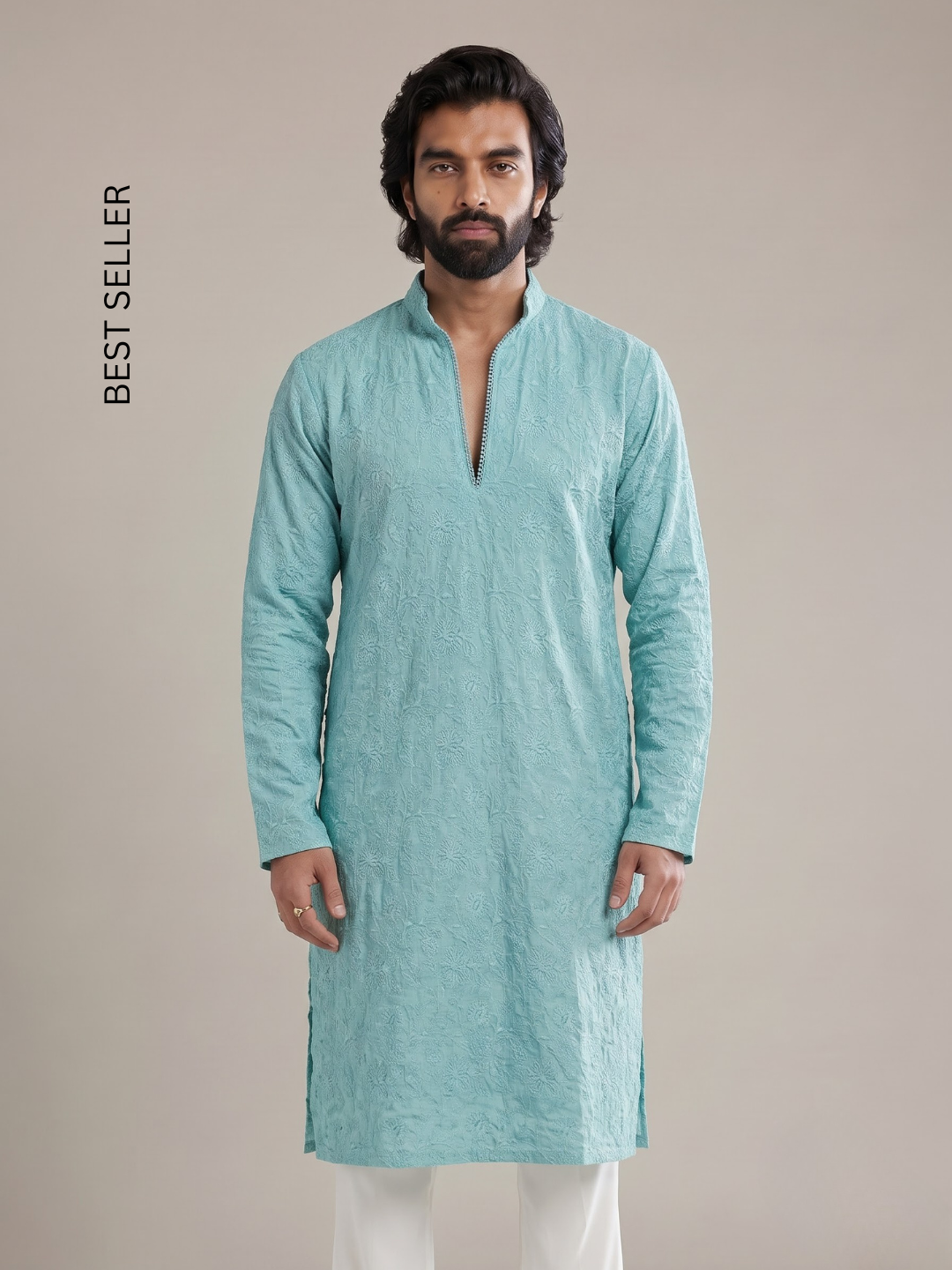 SEA BLUE CHANDERI KURTA