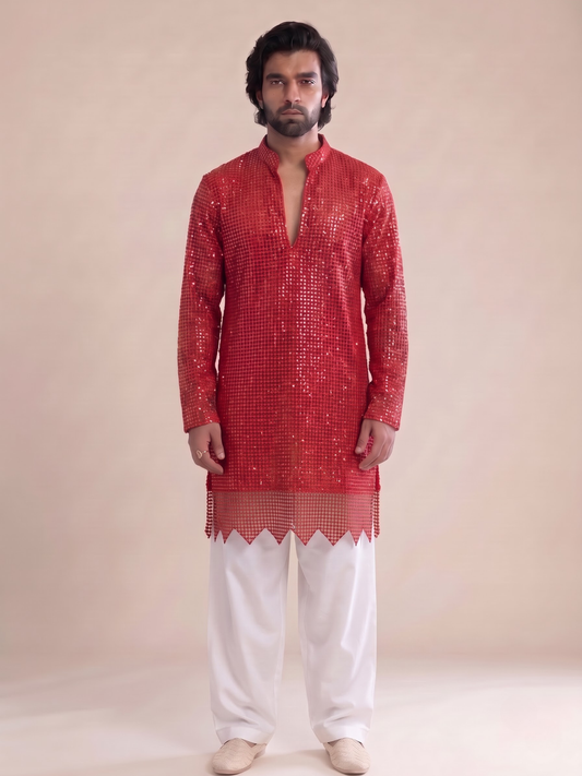 RED IN BLOOM SEQUIN CUTWORK WITH WHITE PANTS