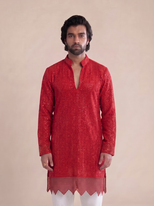 RED IN BLOOM SEQUIN CUTWORK WITH WHITE PANTS