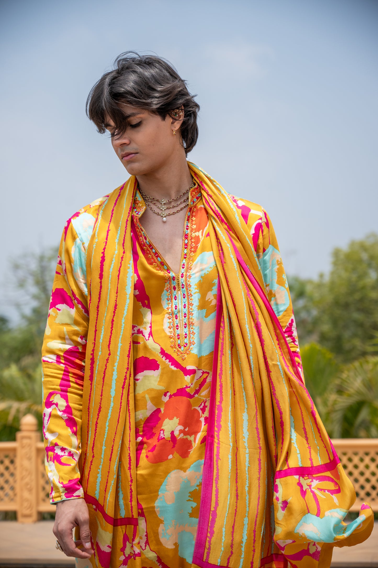 Mustered Multicolour Mirror Kurta Set