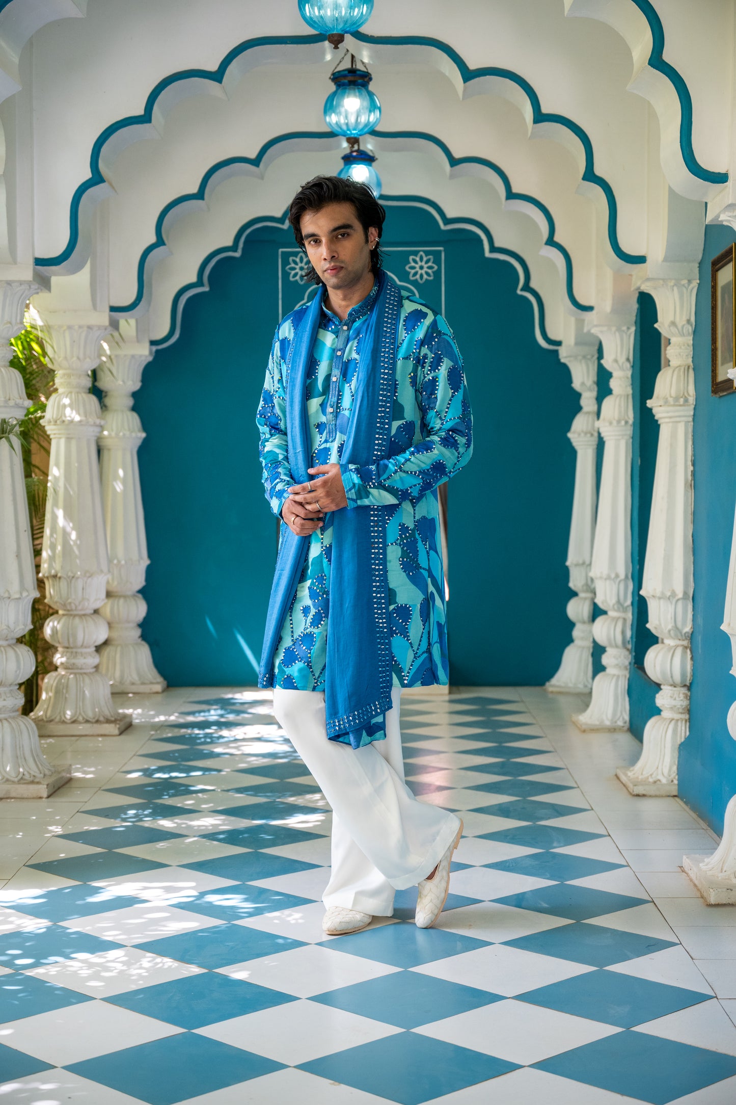 Blue Multicolour Mirror Kurta Set