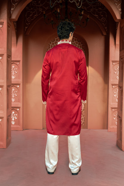 Red Applic Silk Kurta Set