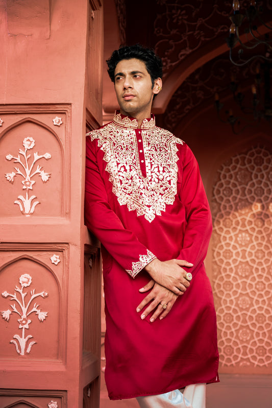 Red Applic Silk Kurta Set