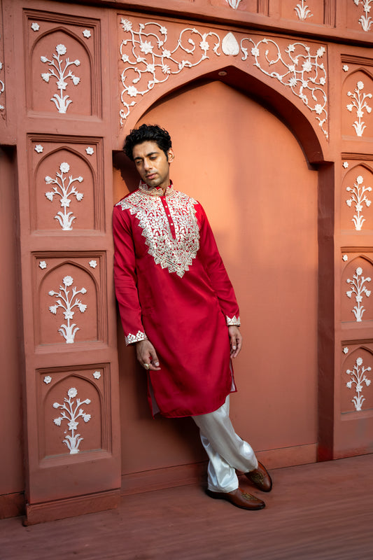 Red Applic Silk Kurta Set