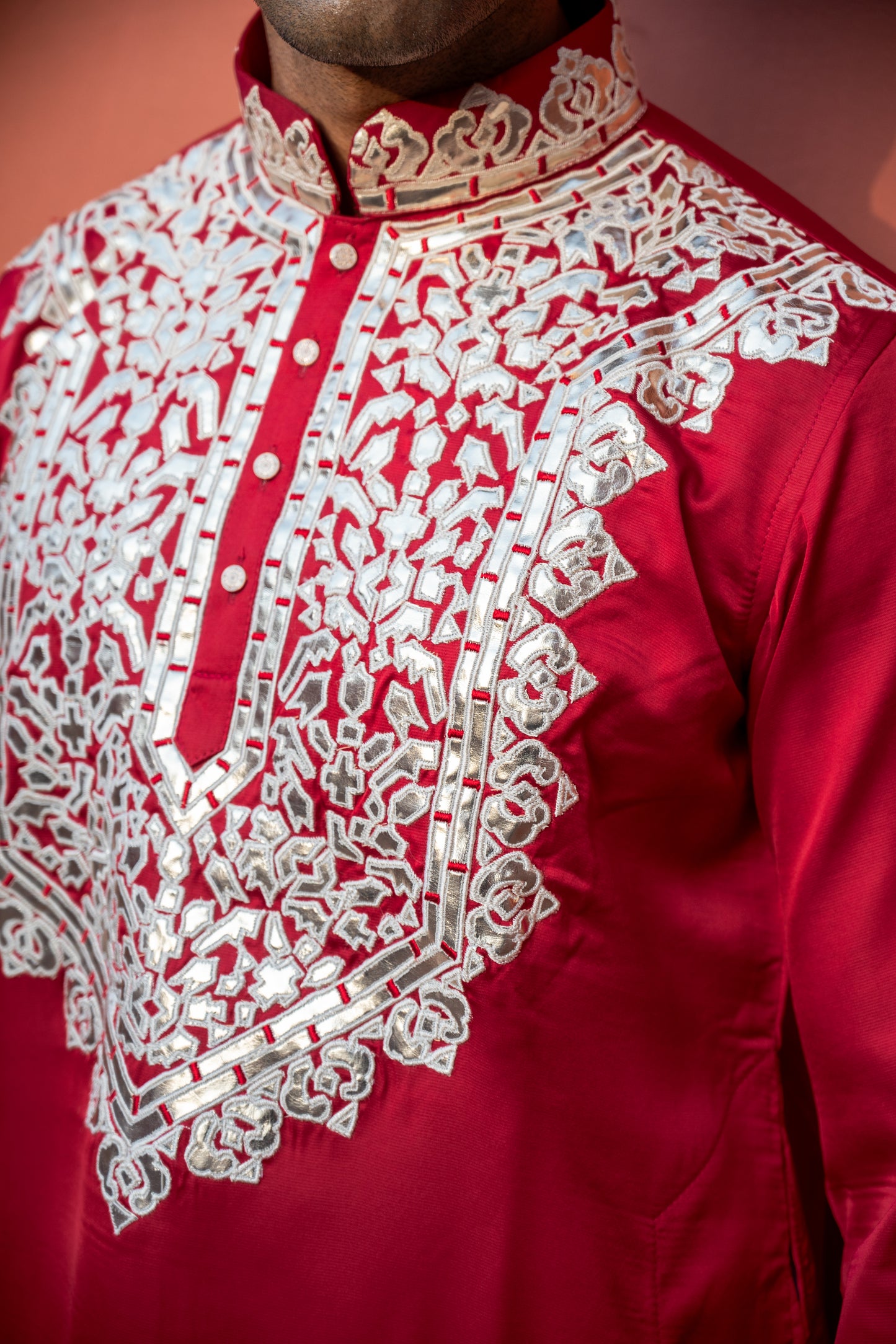 Red Applic Silk Kurta Set