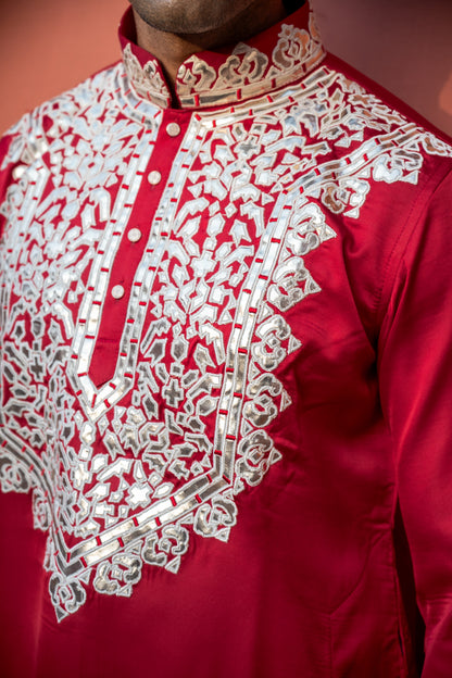 Red Applic Silk Kurta Set