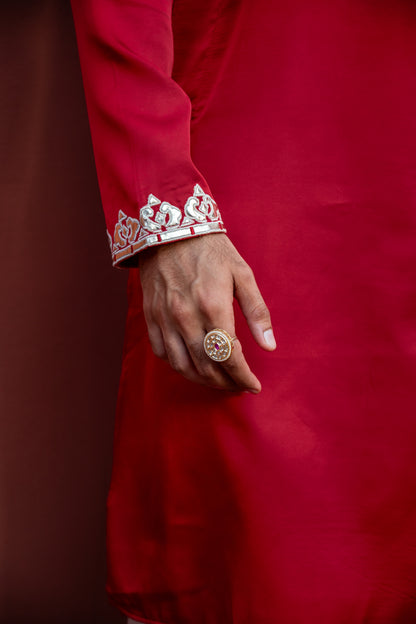 Red Applic Silk Kurta Set
