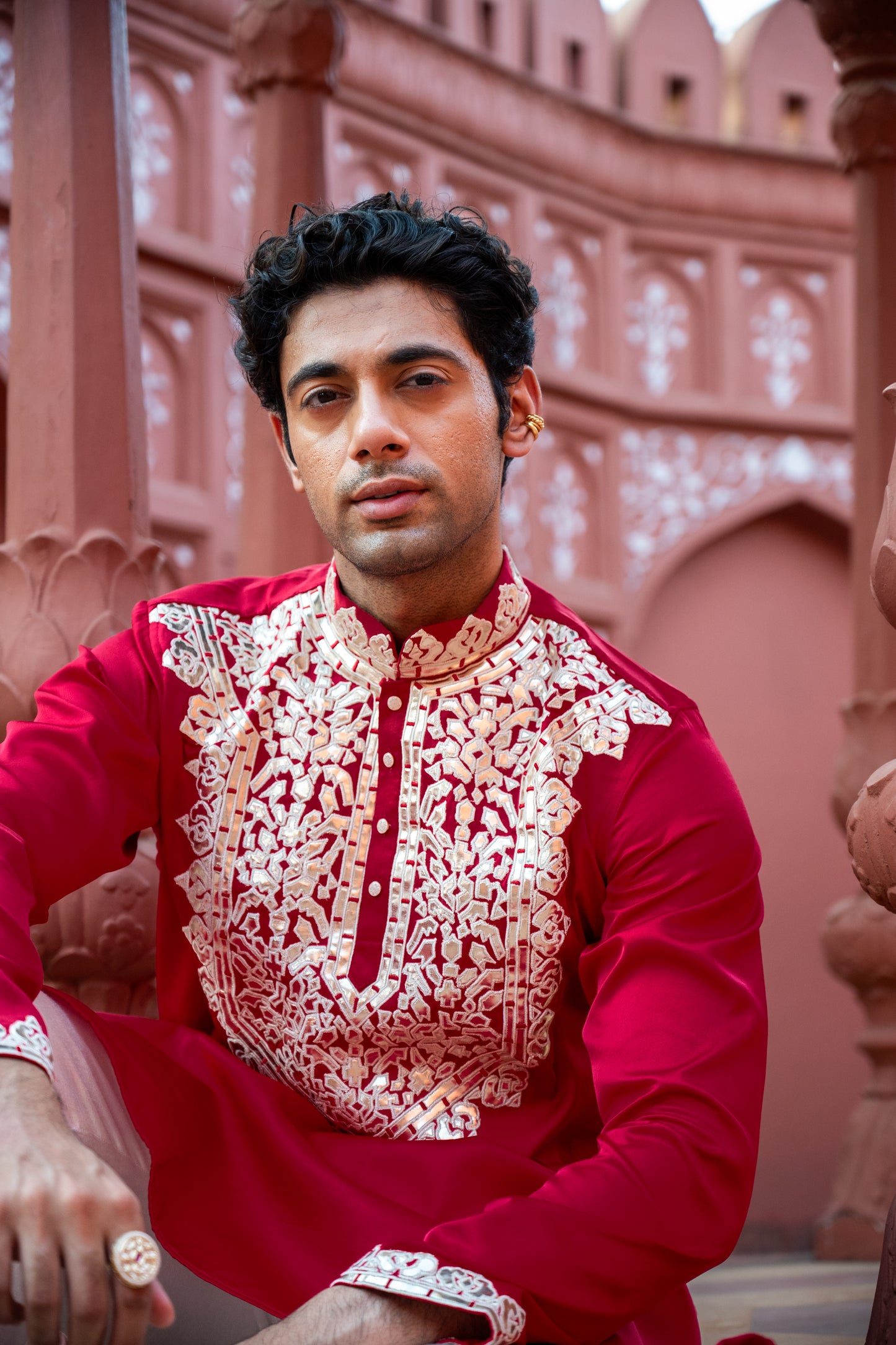 Red Applic Silk Kurta Set