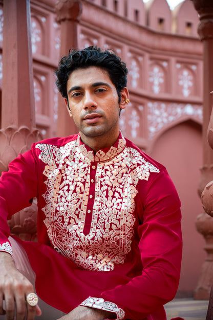 Red Applic Silk Kurta Set