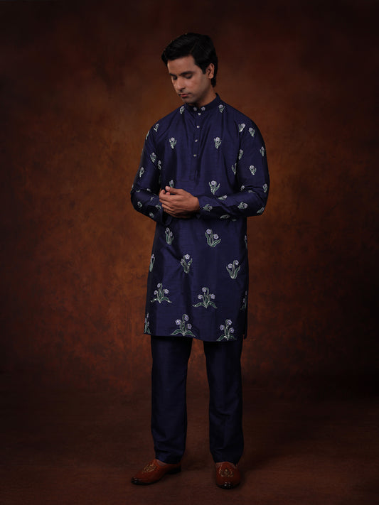 Midnight Bloom Embroidered Dupion Silk Kurta Set