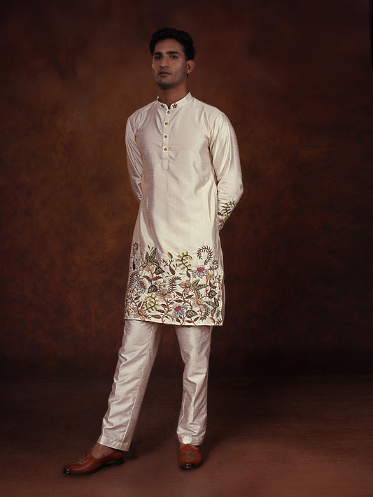 Off White Dupion Kurta With Flower Embroidered Kurta Set For Man