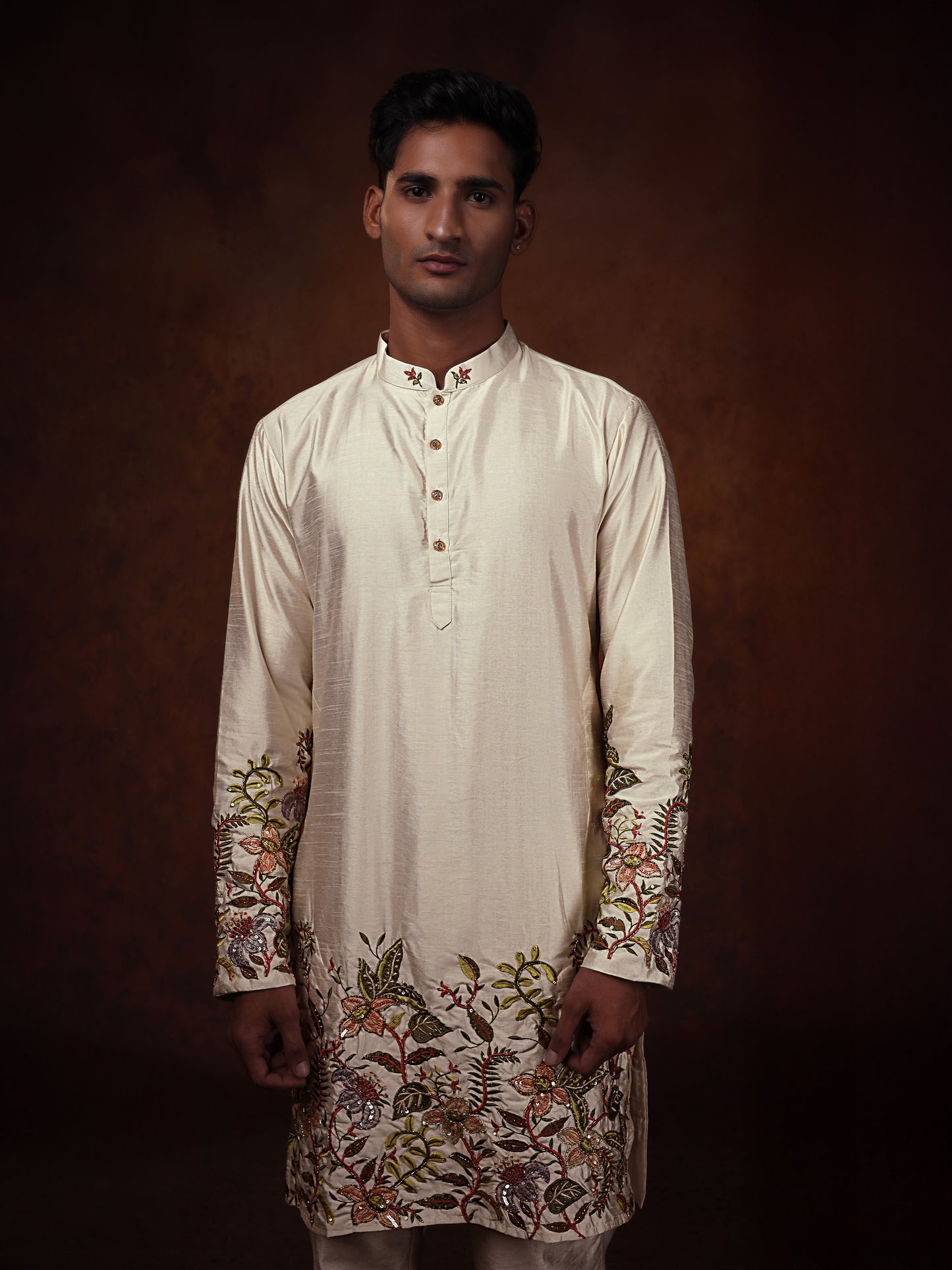 Off White Dupion Kurta With Flower Embroidered Kurta Set For Man