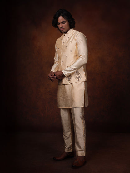 Ivory Dupion Silk Kurta With Embroidered Jecket