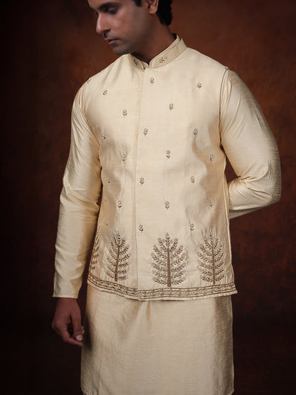 Ivory Dupion Silk Kurta with Embroidered Jacket